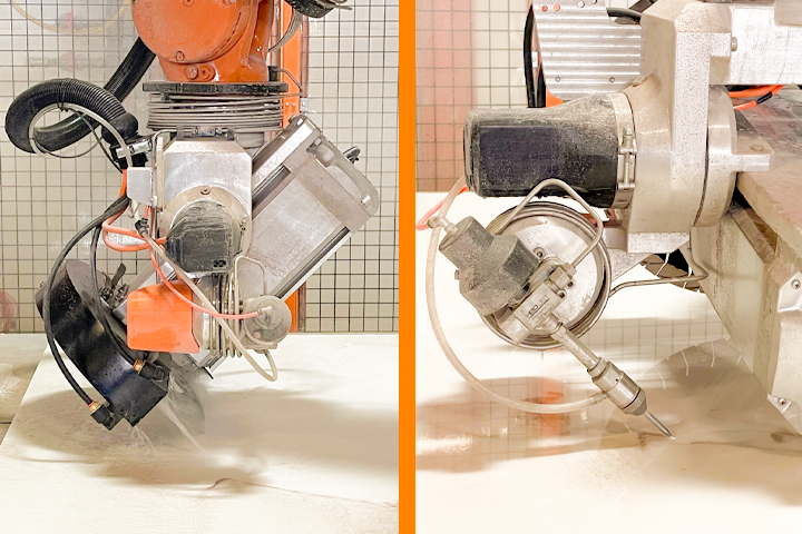 A side by side image showing the M Series waterjet (on the left) and the blade miter (on the right)