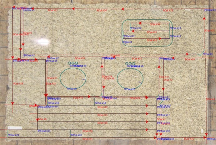 Diagram cut marks overlayed on a stone slab