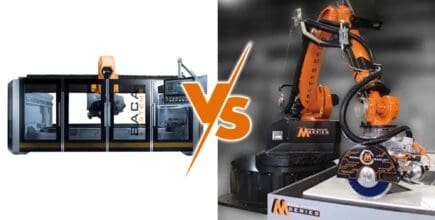 A side by side image of BACA's Versa 5 CNC saw and the M Series sawjet. The Versa 5 is on the left and the M Series is on the right. In between the images is are the letters "Vs."