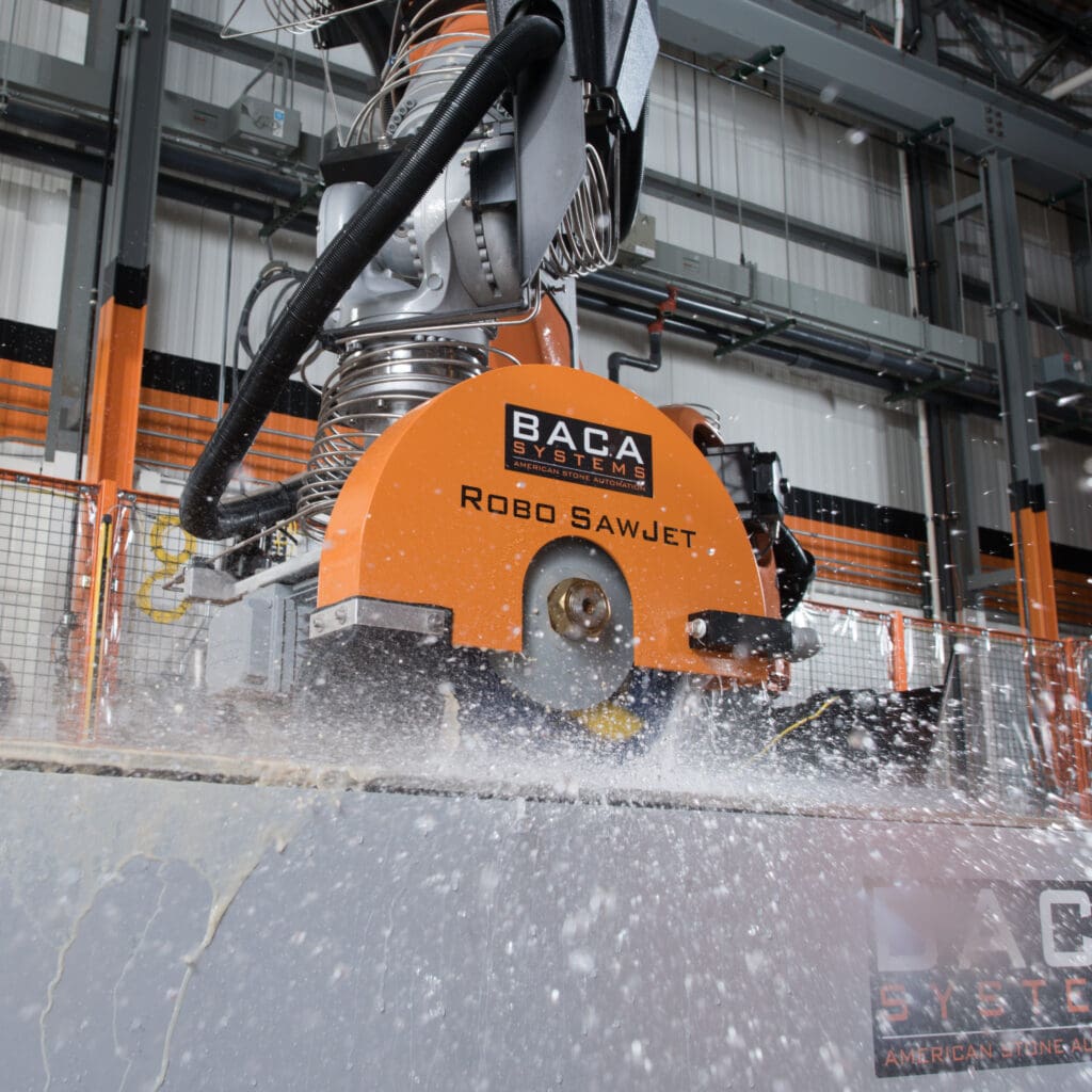 BACA's Robo SawJet in action cutting a slab with its waterjet technology