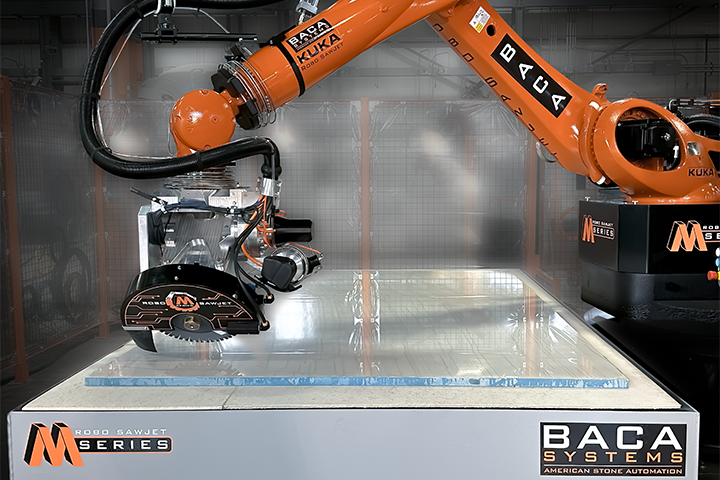 The robotic KUKA arm, attached with a miter blade, on the M series.